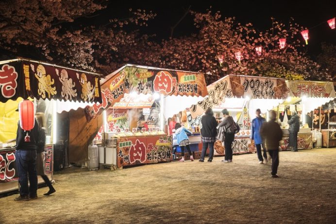 夜の立山公園（長崎市）の桜と花見