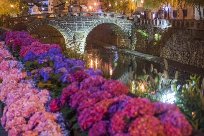 眼鏡橋（長崎市魚の町・中島川石橋群）のライトアップ、ながさき紫陽花まつり
